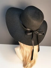 蝴蝶結裝飾草編帽 - 黑色 - 查看 2