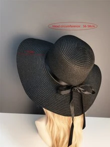 蝴蝶結裝飾草編帽 - 黑色 - 查看 4