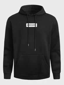 Manfinity Hypemode Men Letter Graphic Kangaroo Pocket Drawstring Hoodie - Black - View 4
