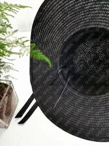 蝴蝶結裝飾草編帽 - 黑色 - 查看 5