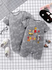 Baby 2pcs Letter & Cartoon Graphic Romper - Grey - View 1
