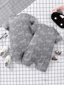 Baby 2pcs Letter & Cartoon Graphic Romper - Grey - View 2