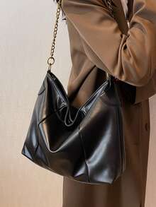 Minimalist Chain Hobo Bag - Black - View 2