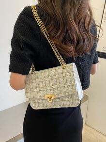 輕便便攜休閒時尚粗花呢翻蓋鏈條單肩包適合女孩、女士、大學生、新秀和白領秋季、冬季必備、工作、辦公室、通勤、秋冬、戶外 - 白色 - 查看 6