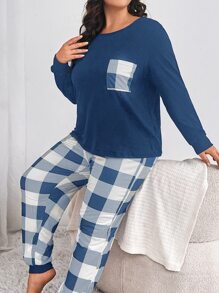 Plus Buffalo Plaid Print Pocket Patched Tee & Trousers PJ Set - Blue and White - View 1