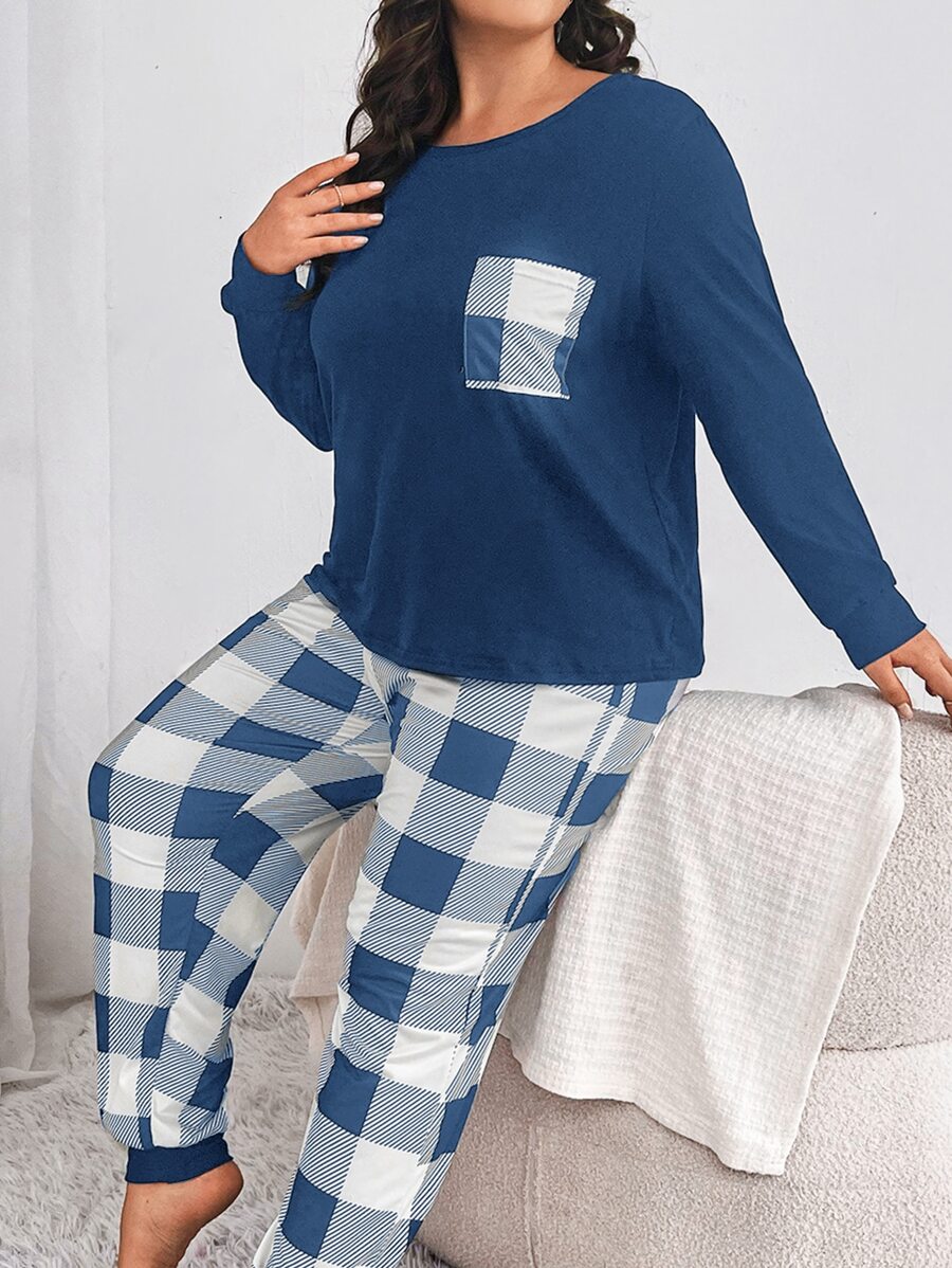 Plus Buffalo Plaid Print Pocket Patched Tee & Trousers PJ Set - Blue and White - View 1