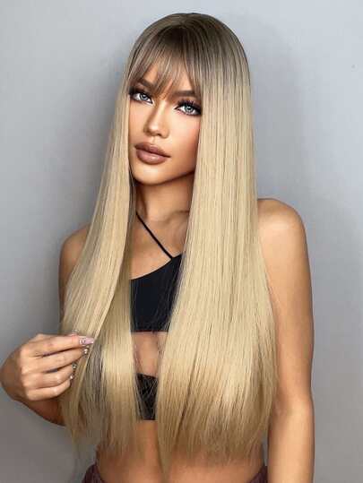 HAIRCUBE HAIRCUBE 26 Inch Blond Long Straight Wigs For Women, Natural Dark Root Synthetic Wigs With Bangs, Elegant Beautiful Natural Looking Heat Resistant Synthetic Wig Daily Party Use And Christmas