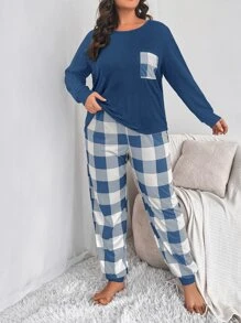 Plus Buffalo Plaid Print Pocket Patched Tee & Trousers PJ Set - Blue and White - View 3