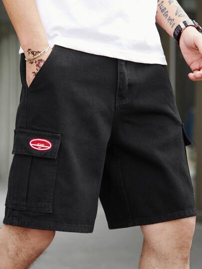 QuarKem Men's Loose Fit Denim Shorts With Letter Patches And Flap Pockets,Black Baggy Jorts For Summer,Casual Streetwear Fashion For Rapper City Break Hiking