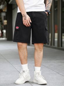 Manfinity Homme 男款寬鬆版式字母拼布翻蓋口袋牛仔短褲，純色黑色時尚街頭饒舌風格外出穿搭 - 黑色 - 查看 3