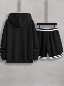 Aesthetic Post 男士字母圖案袋鼠口袋抽繩連帽衫和短褲 - 黑色 - 查看 2