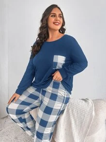 Plus Buffalo Plaid Print Pocket Patched Tee & Trousers PJ Set - Blue and White - View 4