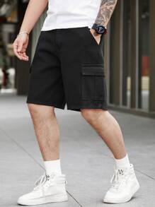 Manfinity Homme 男款寬鬆版式字母拼布翻蓋口袋牛仔短褲，純色黑色時尚街頭饒舌風格外出穿搭 - 黑色 - 查看 5