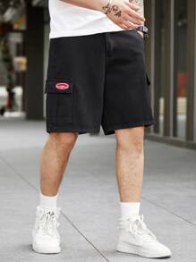 Manfinity Homme 男款寬鬆版式字母拼布翻蓋口袋牛仔短褲，純色黑色時尚街頭饒舌風格外出穿搭 - 黑色 - 查看 6