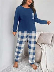 Plus Buffalo Plaid Print Pocket Patched Tee & Trousers PJ Set - Blue and White - View 5
