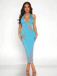 SHEIN SXY Tie Backless Contrast Mesh Bodycon Dress - Mint Blue - View 2