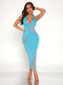 SHEIN SXY Tie Backless Contrast Mesh Bodycon Dress - Mint Blue - View 1