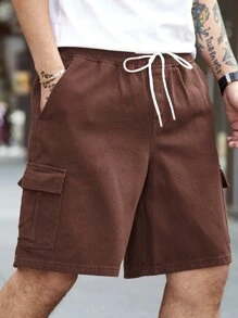 Manfinity Men Flap Pocket Side Drawstring Waist Denim Shorts - Coffee Brown - View 1