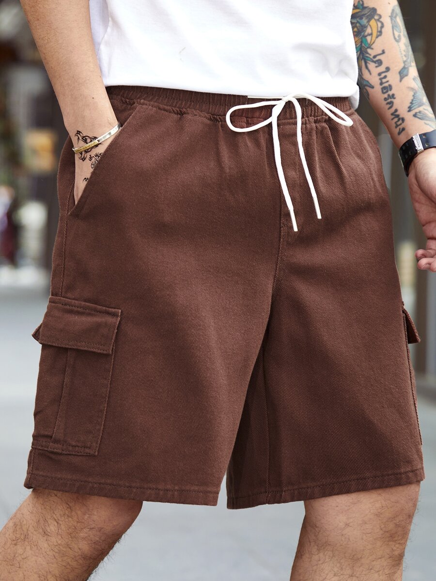 Manfinity Men Flap Pocket Side Drawstring Waist Denim Shorts - Coffee Brown - View 1
