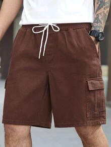 Manfinity Men Flap Pocket Side Drawstring Waist Denim Shorts - Coffee Brown - View 3