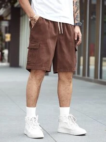 Manfinity Men Flap Pocket Side Drawstring Waist Denim Shorts - Coffee Brown - View 4