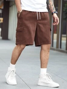 Manfinity Men Flap Pocket Side Drawstring Waist Denim Shorts - Coffee Brown - View 5