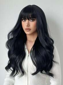 長款卷人造假髮帶劉海 - 黑色 - 查看 1