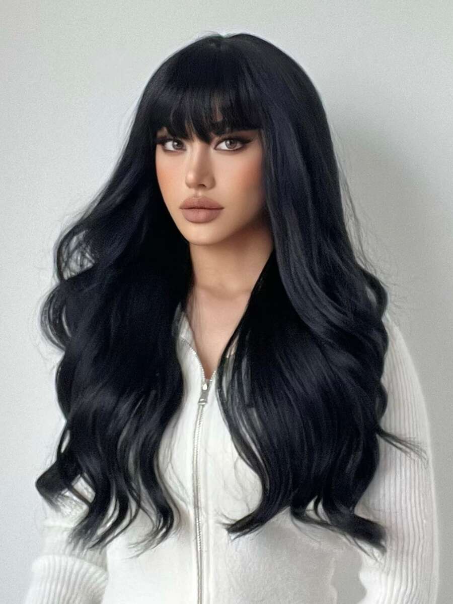 長款卷人造假髮帶劉海 - 黑色 - 查看 1