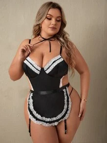 Plus 4pack Lace Trim Garter Underwire Costume Set - Black - View 1