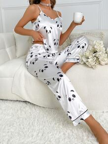 Conjunto de pijama con estampado de panda de satén - Blanco - Ver 1
