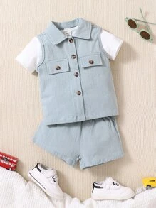 Baby Boy Flap Detail Shirt & Tee & Shorts - Multicolor - View 2