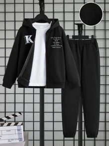SHEIN Boys Slogan Graphic Thermal Lined Hoodie & Joggers Without Tee - Black - View 1