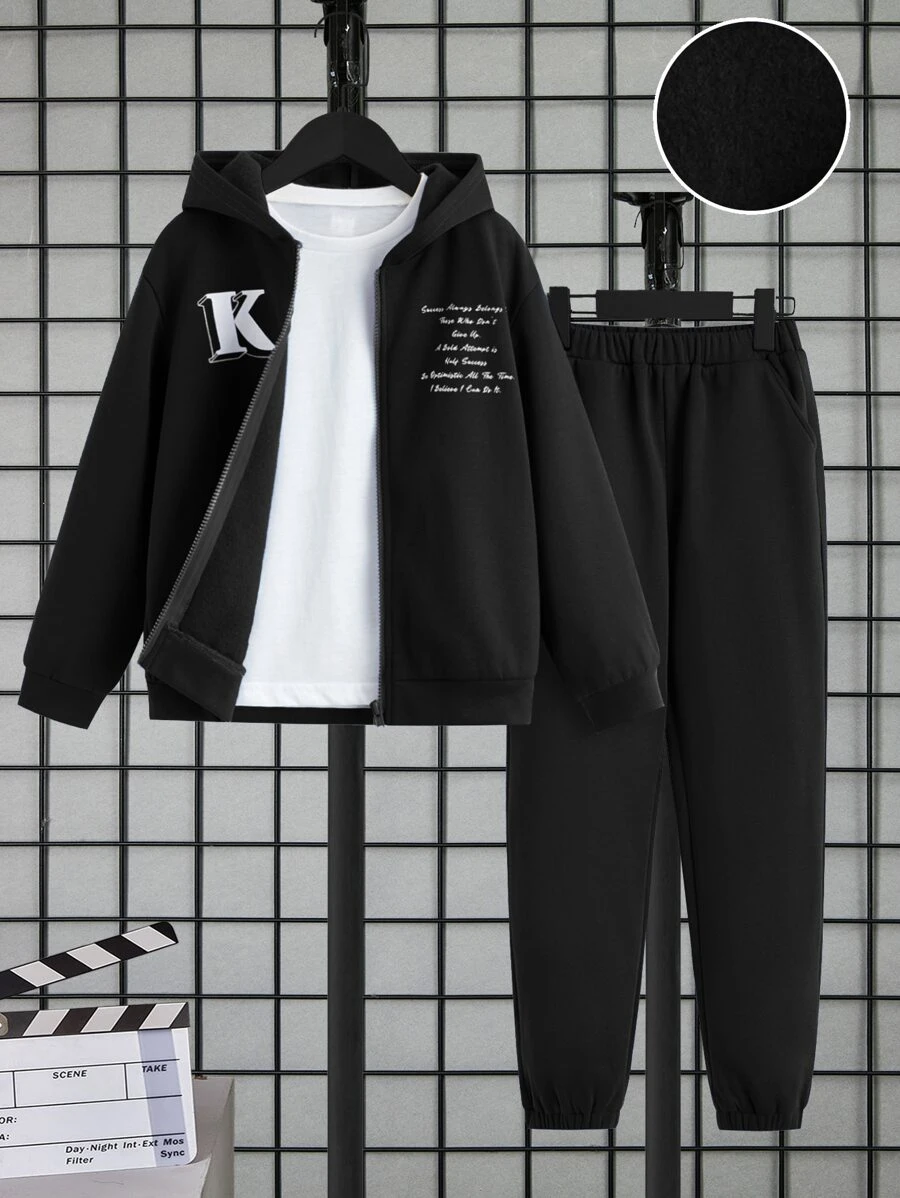 SHEIN Boys Slogan Graphic Thermal Lined Hoodie & Joggers Without Tee - Black - View 1