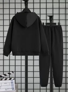 SHEIN Boys Slogan Graphic Thermal Lined Hoodie & Joggers Without Tee - Black - View 2