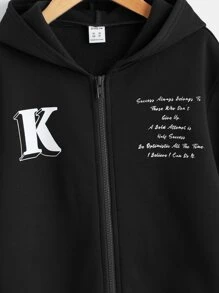 SHEIN Boys Slogan Graphic Thermal Lined Hoodie & Joggers Without Tee - Black - View 6