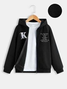 SHEIN Boys Slogan Graphic Thermal Lined Hoodie & Joggers Without Tee - Black - View 9