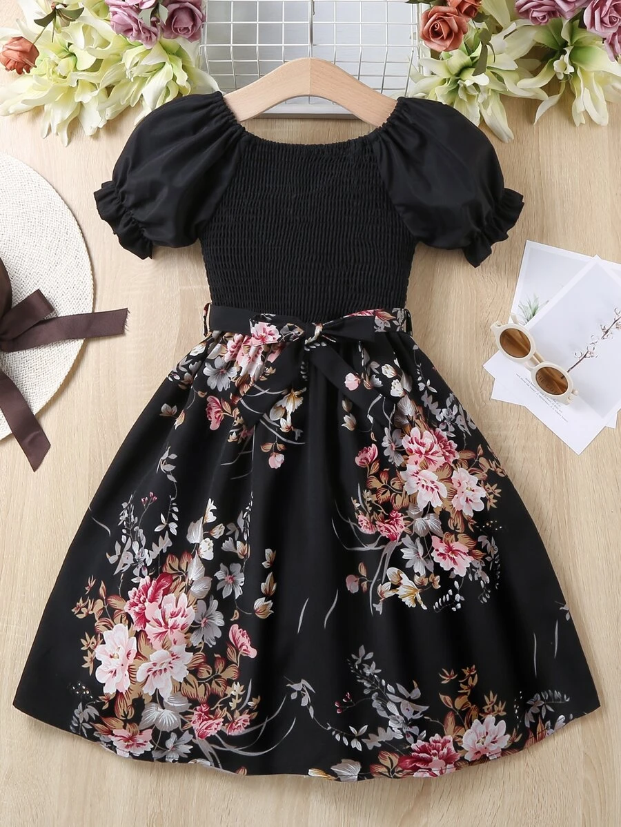 女孩印花泡泡袖繫腰帶連衣裙 - 黑色 - 查看 1