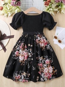 女孩印花泡泡袖繫腰帶連衣裙 - 黑色 - 查看 2