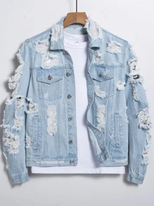 Manfinity EMRG 男士棉1入組破洞抽鬚牛仔夾克 - 淺色水洗藍 - 查看 1