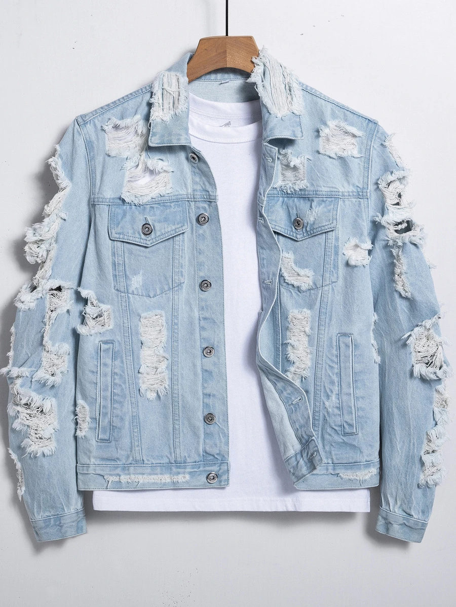 Manfinity EMRG 男士棉1入組破洞抽鬚牛仔夾克 - 淺色水洗藍 - 查看 1