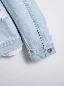 Manfinity EMRG 男士棉1入組破洞抽鬚牛仔夾克 - 淺色水洗藍 - 查看 3