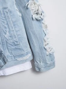 Manfinity EMRG 男士棉1入組破洞抽鬚牛仔夾克 - 淺色水洗藍 - 查看 4