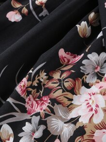 女孩印花泡泡袖繫腰帶連衣裙 - 黑色 - 查看 4