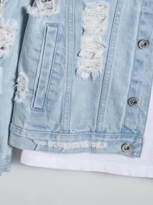 Manfinity EMRG 男士棉1入組破洞抽鬚牛仔夾克 - 淺色水洗藍 - 查看 5