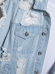 Manfinity EMRG 男士棉1入組破洞抽鬚牛仔夾克 - 淺色水洗藍 - 查看 6