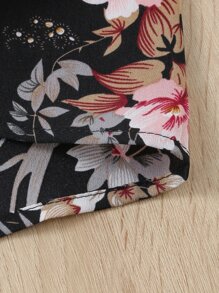 女孩印花泡泡袖繫腰帶連衣裙 - 黑色 - 查看 6