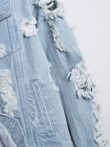 Manfinity EMRG 男士棉1入組破洞抽鬚牛仔夾克 - 淺色水洗藍 - 查看 7