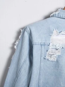 Manfinity EMRG 男士棉1入組破洞抽鬚牛仔夾克 - 淺色水洗藍 - 查看 8