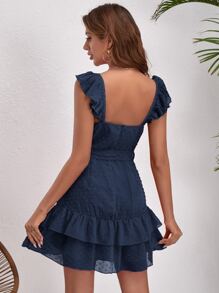 SHEIN VCAY Swiss Dot Ruffle Trim Two Layered Hem Belted Dress - Navy Blue - View 3