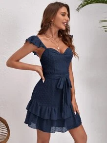 SHEIN VCAY Swiss Dot Ruffle Trim Two Layered Hem Belted Dress - Navy Blue - View 5
